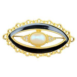Vintage Daria Brooch Black Enamel Gold-Tone Oval Pearl Inspired Pin With Rhinest